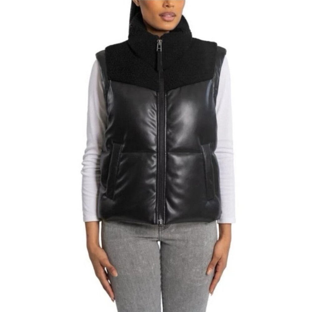 Bearpaw Women's Size XL Black Faux Leather Faux Sherpa Yoke Vest NWT